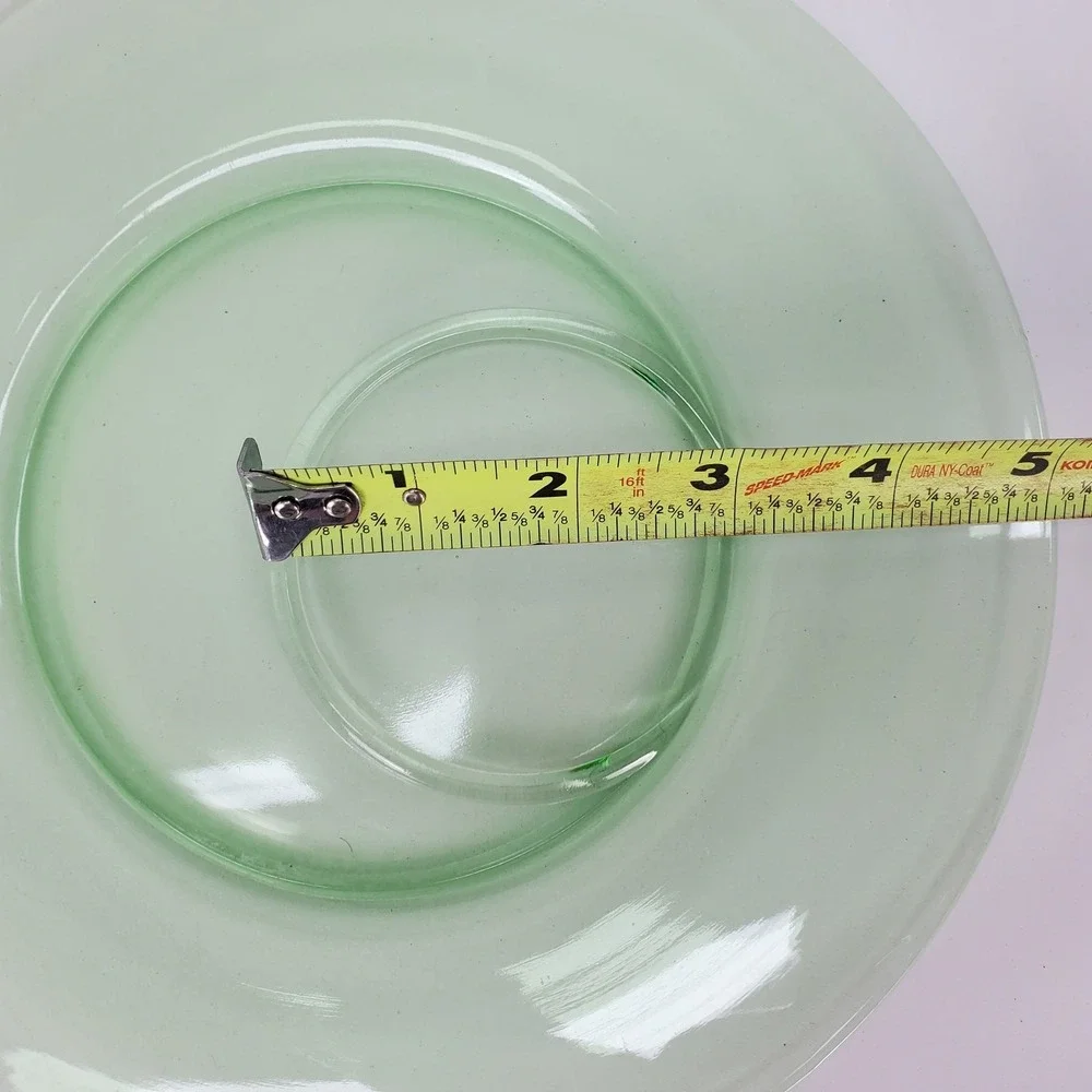 Vintage Green Uranium Glass Snack Plate 9 inch Round Cup Holder Depression Glass